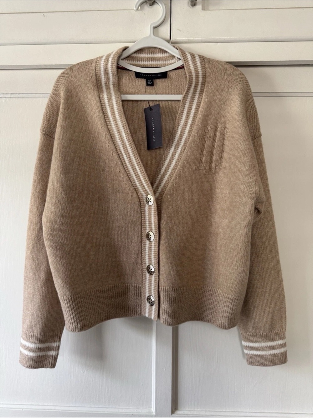 Tommy Hilfiger Beige Cropped V-Neck Button Cardigan with White Trim
